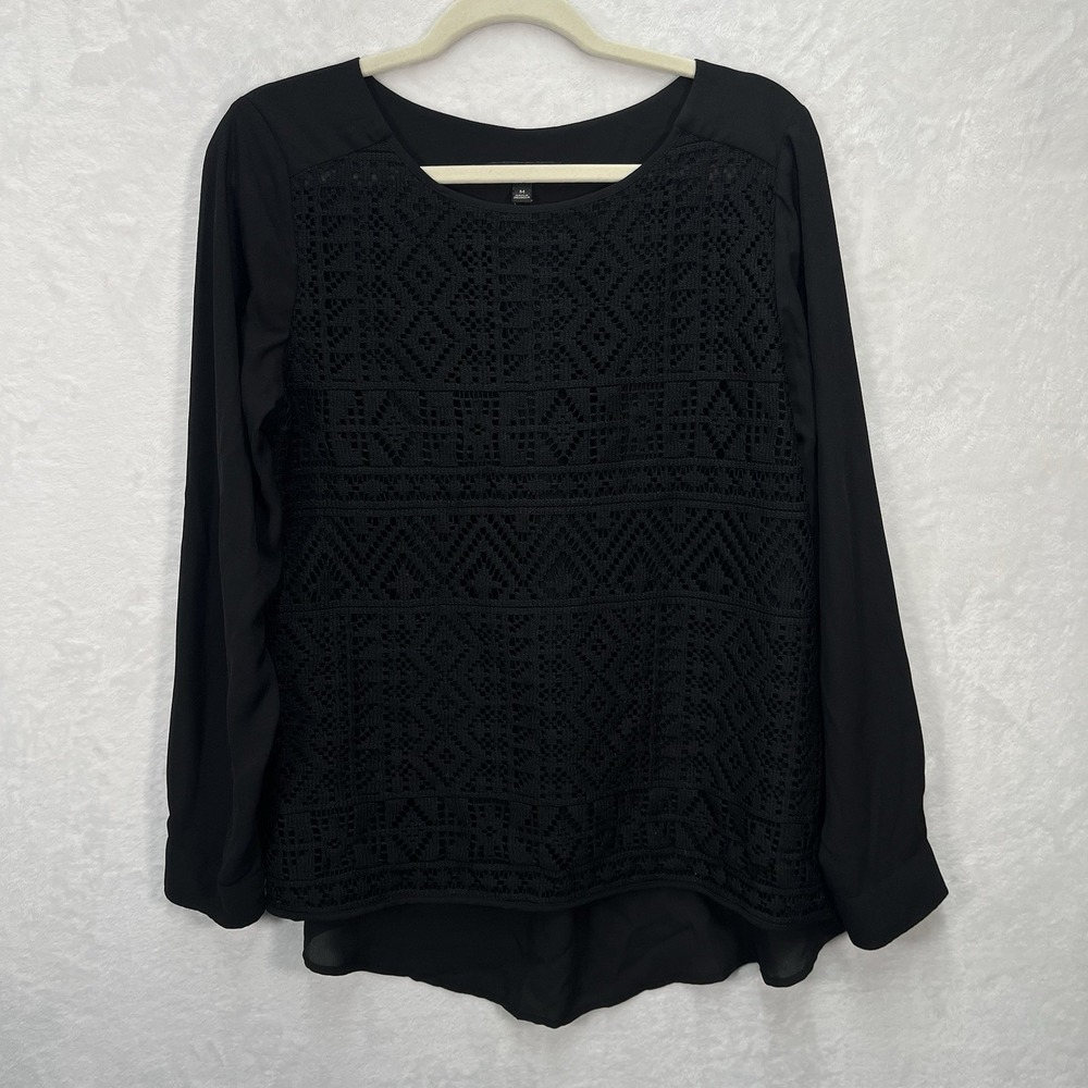 Banana Republic Crochet Lace Overlay Long Sleeve Blouse Womens M Black Career